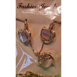 Rose Gold Heart Necklace & Earrings Set With Rhinestone Accents